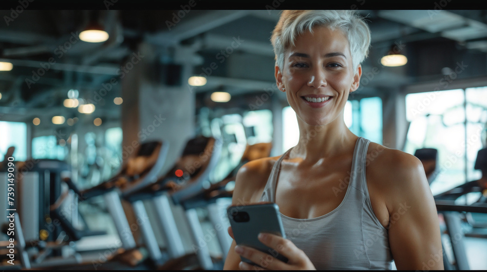 Smiling Woman with Short White Hair in Modern Gym, Holding Smartphone, Cardio Area with Treadmills and Ellipticals, Tank Top Outfit, Clean and Dimly Lit Ambiance - obrazy, fototapety, plakaty 