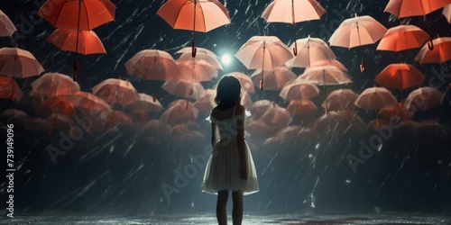 From a low angle, a little girl is seen from behind as she stands in the rain, surrounded by numerous red umbrellas flying into the sky. photo