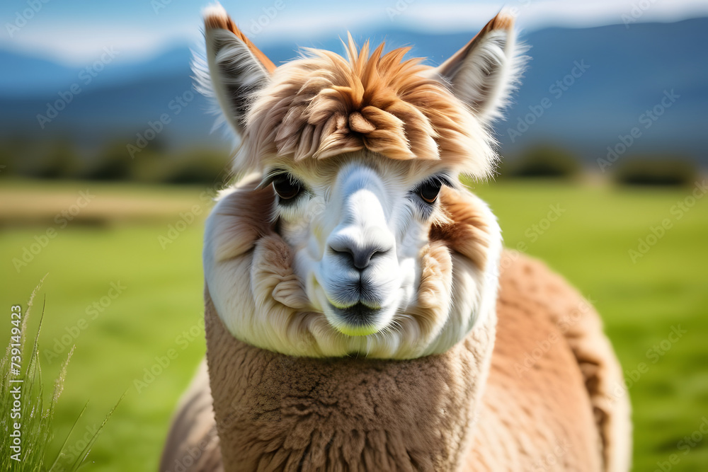 Obraz premium Brown and White Llama Standing on Lush Green Field