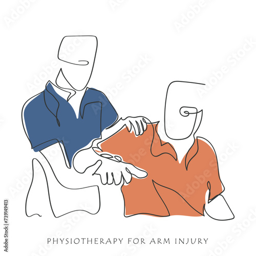 Hand drawn line art vector of Physiotherapy. Fitness training art. Joint Mobility and functionality exercises. Elderly patient at physiotherapist office for injury exercises. Chiropractic treatment.