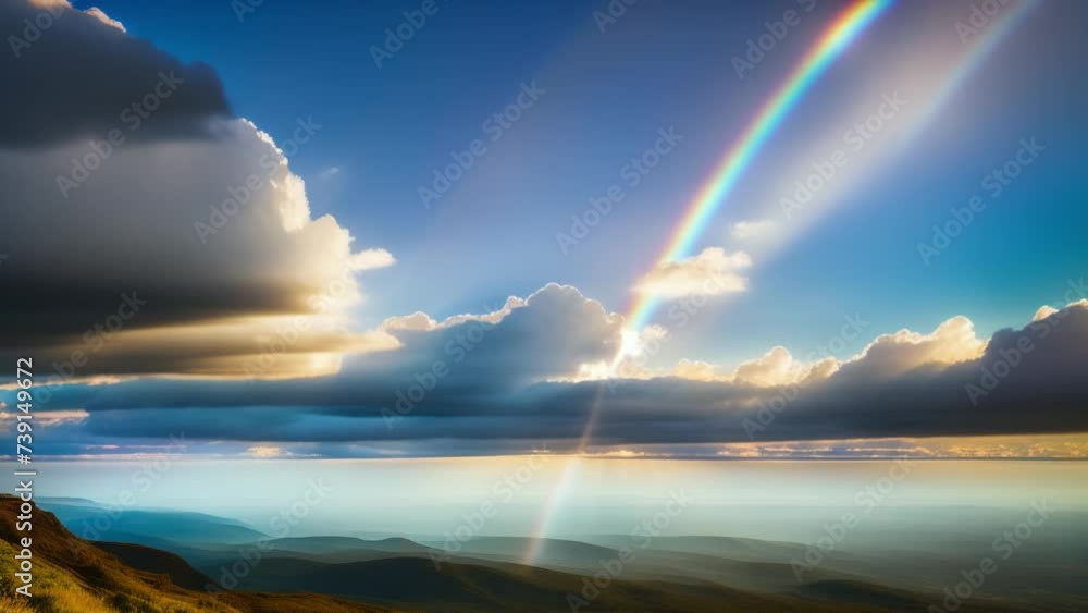 Witness the mesmerizing dance of clouds in a vibrant blue canvas adorned with a radiant rainbow, unfolding in breathtaking timelapse.
Witness the mesmerizing dance of clouds in a vibrant blue canvas adorned with a radiant rainbow, unfolding in breathtaking timelapse.