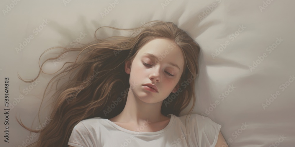 The image portrays a girl in serene slumber, her expression tranquil and peaceful, evoking a sense of calm and serenity. The image portrays a girl in serene slumber, her expression tranquil and peaceful, evoking a sense of calm and serenity.