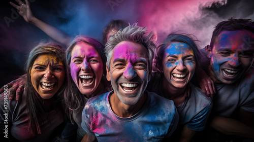 People covered in colorful powder celebrating the summer holi festival