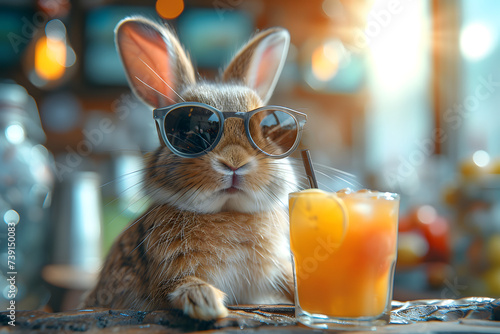 Rabbit with sunglasses drinking orange juice at a bar. Summer vacation and leisure concept for poster and banner design photo