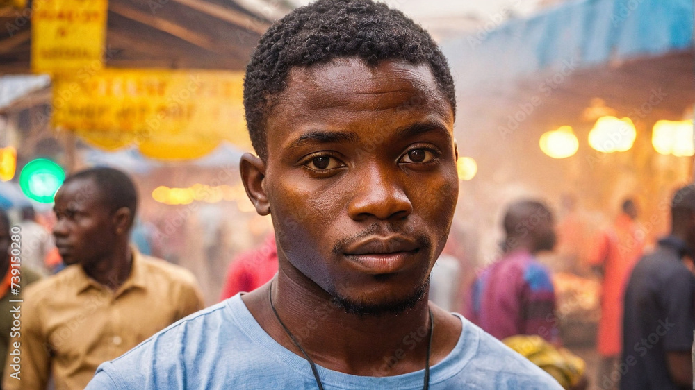 Portrait of a Young Man in a Busy Market at Dusk