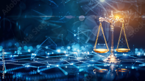 Iconic Law and Justice Symbol, Classic Balanced Scales Against Futuristic Digital Network Backdrop, Conceptualizing Balance, Fairness, Legality, Cyber Law and Justice Evolution in the Digital Era