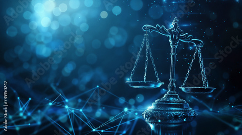 Iconic Law and Justice Symbol, Classic Balanced Scales Against Futuristic Digital Network Backdrop, Conceptualizing Balance, Fairness, Legality, Cyber Law and Justice Evolution in the Digital Era photo
