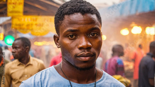 Portrait of a Young Man in a Busy Market at Dusk