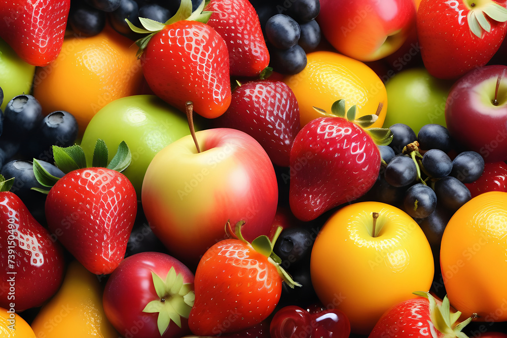 Close Up of Pile of Fruit: Strawberries, Oranges, Apples Close Up of Pile of Fruit: Strawberries, Oranges, Apples