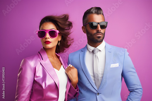 French Influencers in Formal Attire Against Lavender Backdrop