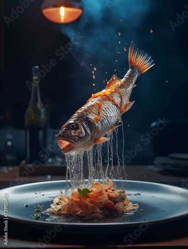 Culinary masterpiece, futuristic fish, on a dark background
