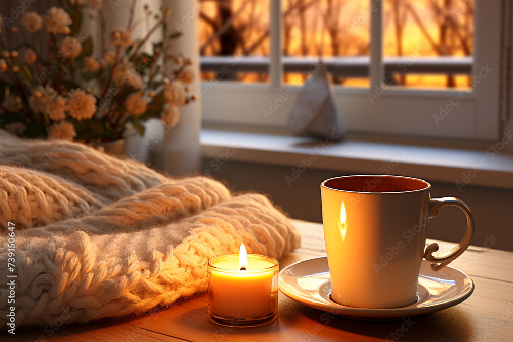 season, leisure and objects concept - cup with mesh tea infuser ball, candle on window sill at home
