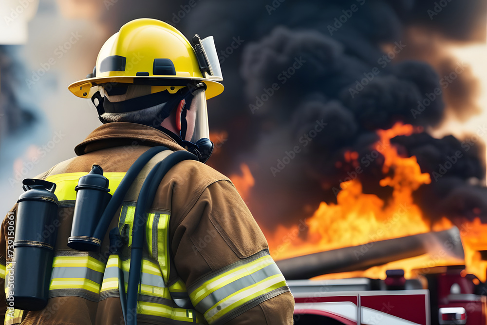 Firefighter Standing in Front of Fire Firefighter Standing in Front of Fire