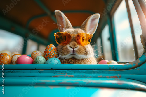 Cute Easter Bunny with sunglasses looking out of a car filed with easter eggs 