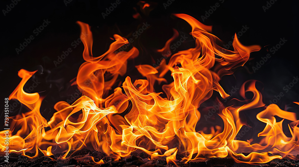 Fototapeta premium close up horizontal image of a burning fire on a dark background Generative AI