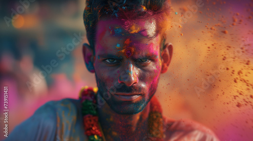 Portrait of Indian Man with Holi Powder on His Face at Holi Festival