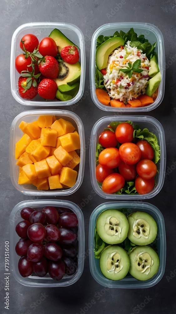 healthy take away food and drinks in disposable eco friendly paper containers on gray background top view fresh, salad ,vegetable, fruit healthy take away food and drinks in disposable eco friendly paper containers on gray background top view fresh, salad ,vegetable, fruit