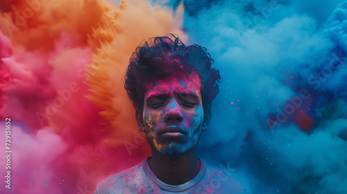 Portrait of a boy with a vibrant multi-color explosion holi powder boom