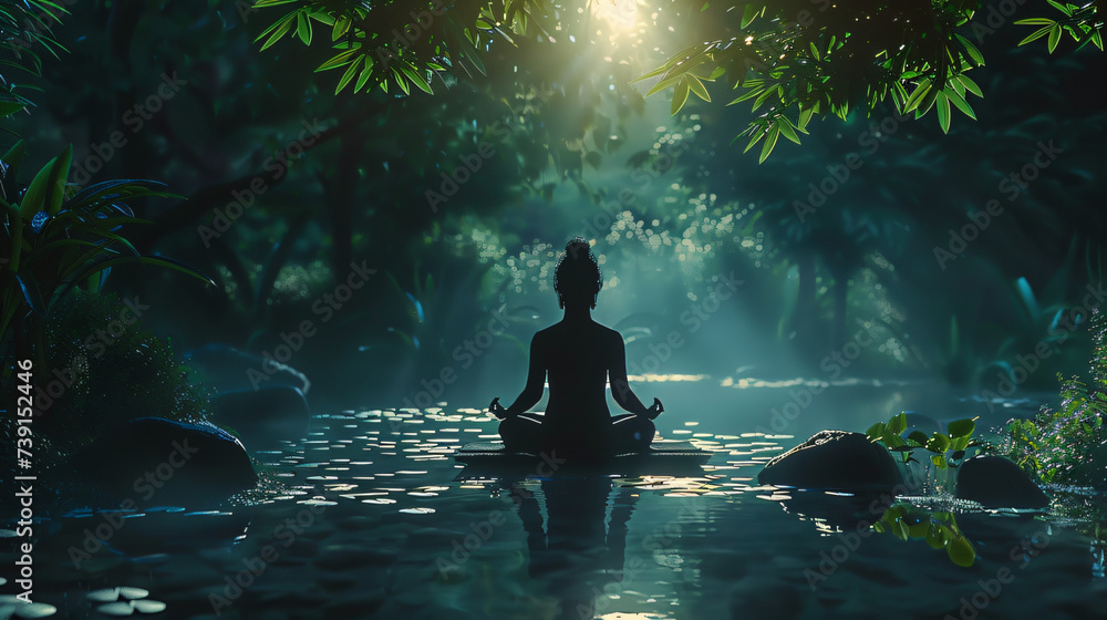 silhouette of a person meditating in a peaceful garden