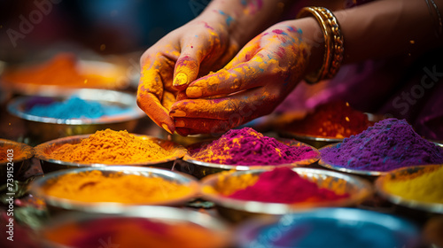 Indian woman with colorful holi powder in bowls