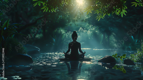 silhouette of a person meditating in a peaceful garden