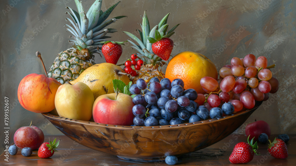 still life composition featuring a variety of fresh fruits arranged in a rustic wooden bowl still life composition featuring a variety of fresh fruits arranged in a rustic wooden bowl