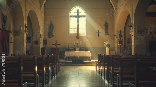 Peaceful Church Interior, Focused Wooden Cross, Receding Pews, Altar Background, Large Wall Crucifix, Stained Glass Window Light Ambiance, Quiet Reverent Worship House Atmosphere. photo