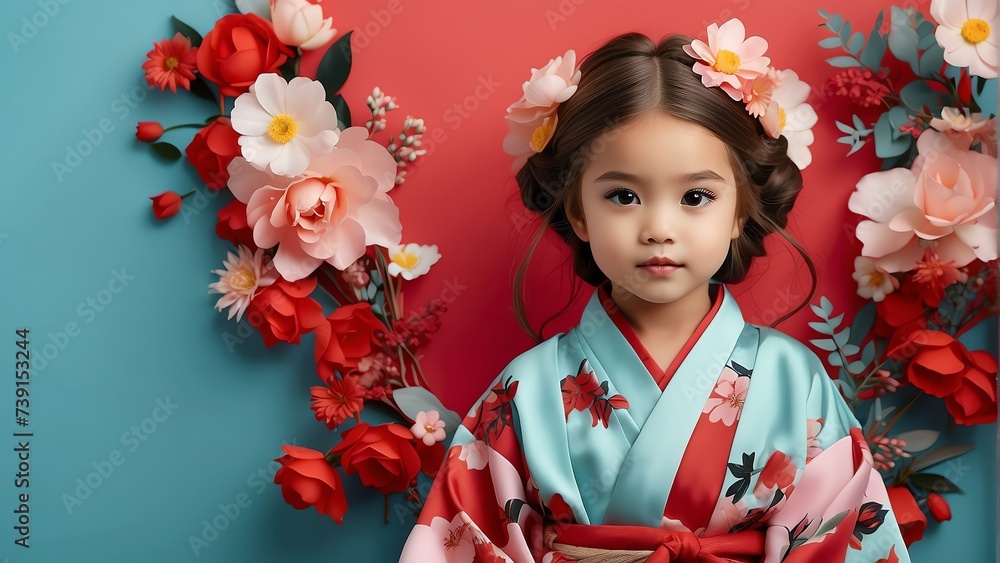 A Beautiful young caucasian kid girl on kimomo outfit with flowers on hair on pastel plain red background from Generative AI A Beautiful young caucasian kid girl on kimomo outfit with flowers on hair on pastel plain red background from Generative AI
