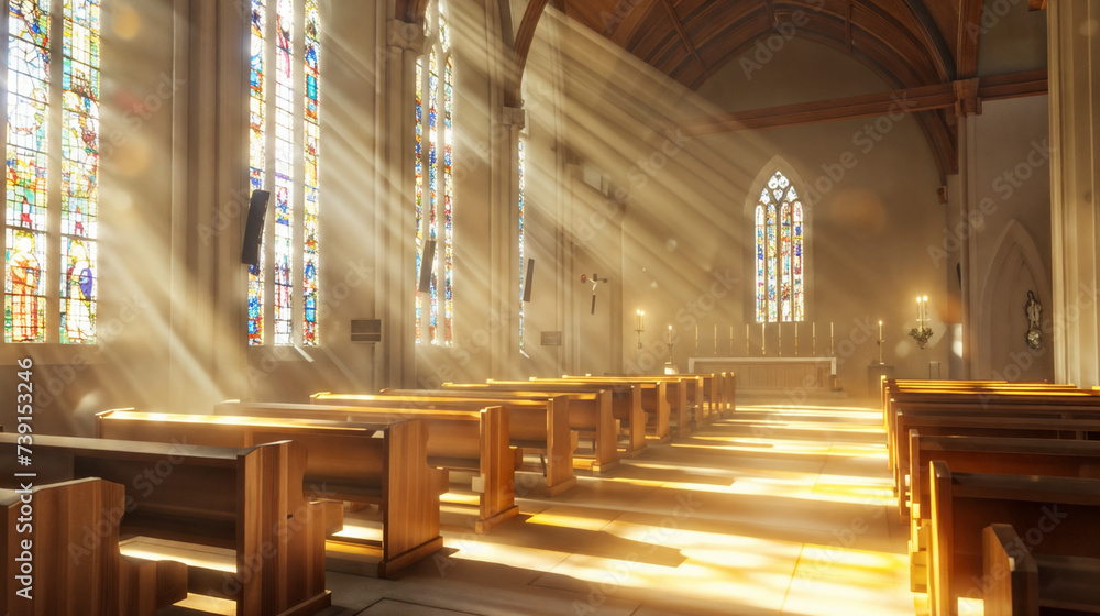 Sunlit Church Interior Featuring Stained Glass Windows, Lent Season Symbol - Wooden Pew Rows Leading to Altar, Serene Contemplative Atmosphere