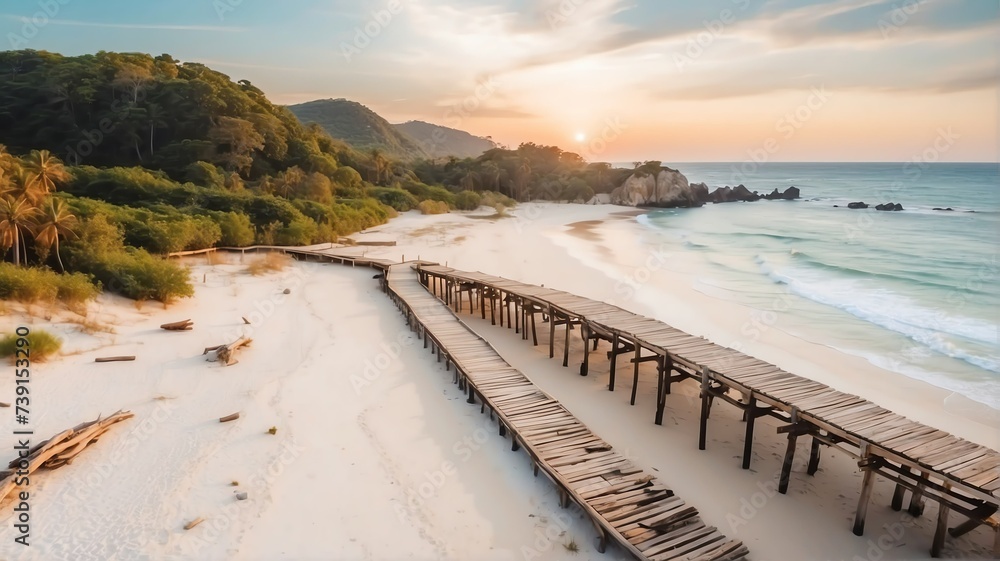 Aerial drone shot of a rugged jetty wooden port on a white sand beach in summer at sunset from Generative AI