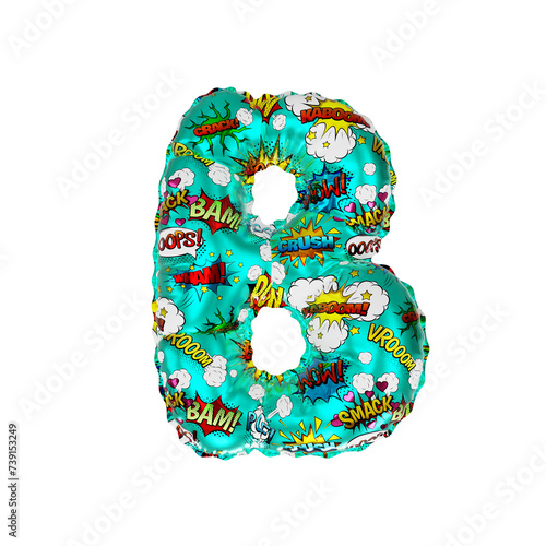 3D Helium Balloon Letter B with Action Comic Cartoon words Colorful Texture