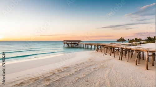 Aerial drone shot of a jetty wooden port on a white sand beach in summer at sunset from Generative AI