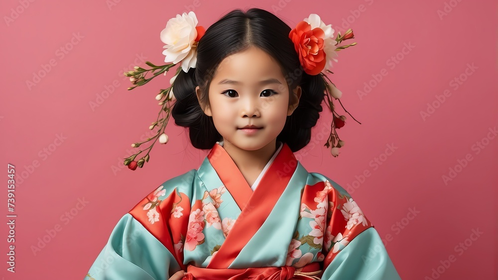 Beautiful young caucasian kid girl on kimomo outfit with flowers on hair on pastel plain red background from Generative AI Beautiful young caucasian kid girl on kimomo outfit with flowers on hair on pastel plain red background from Generative AI