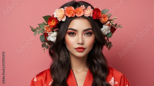 Beautiful young woman on kimomo outfit with flower crown on pastel plain red background from Generative AI