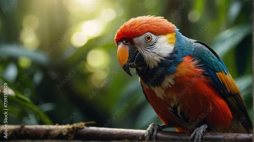 Close up shot of a colorful bird on jungle forest background with rays of sunlight from Generative AI