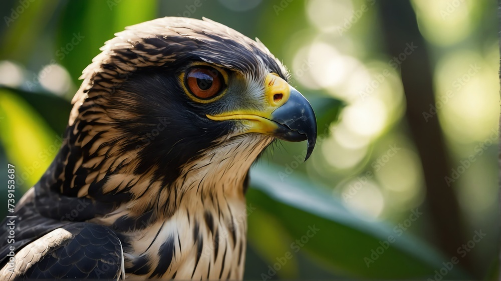 Fototapeta premium Close up shot of a falcon bird on jungle forest background with rays of sunlight from Generative AI