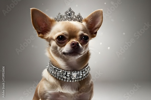 Royal Elegance: A Chihuahua Adorned with a Sparkling Crown and Necklace, Basking in a Magical Atmosphere, generative AI