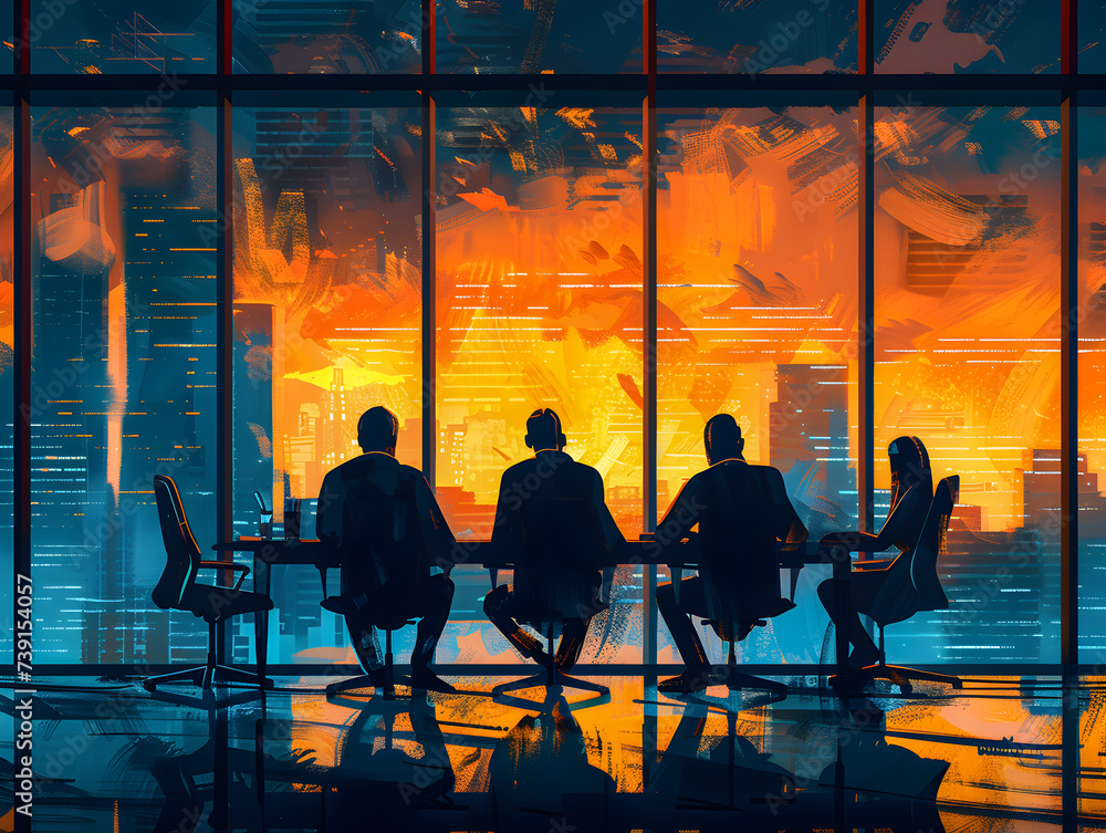 A business team in discussion, silhouetted against a large window with a cityscape at sunset. A business team in discussion, silhouetted against a large window with a cityscape at sunset.