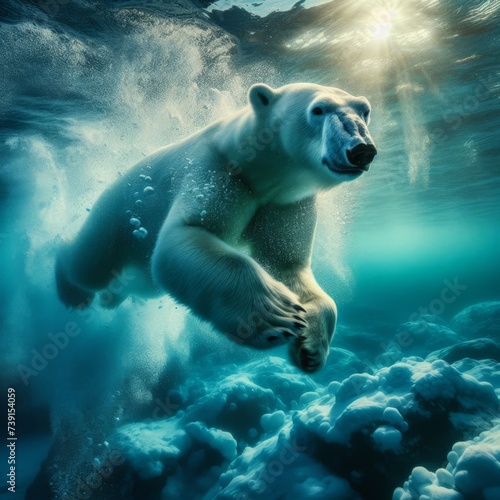 An underwater view captures a polar bear swimming gracefully through icy waters 