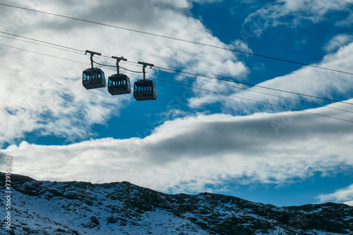 Panoramic morning view of ropeway Ankogelbahn, group cable car in High Tauern National Park, Carinthia, Austria. Wanderlust in Austrian Alps. Idyllic high altitude hiking trails at mountain Ankogel