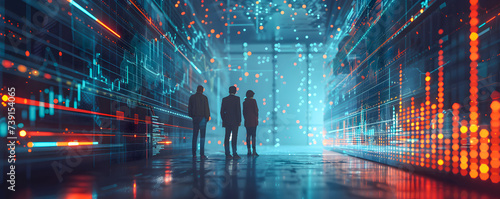 Wallpaper Mural Three professionals walking in a corridor of a futuristic data center with glowing lights. Torontodigital.ca