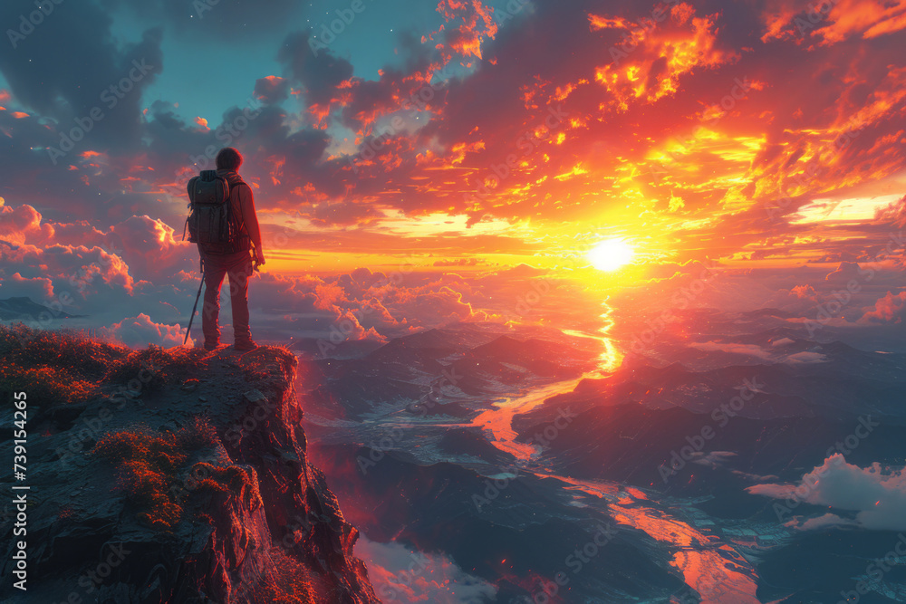 Traveler stands on the edge of a cliff against a sunset.