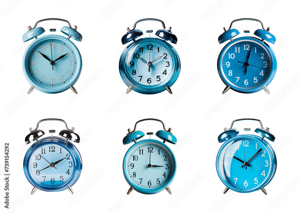 Collection of blue alarm clock isolated on a transparent background, PNG Collection of blue alarm clock isolated on a transparent background, PNG