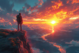 Traveler stands on the edge of a cliff against a sunset.