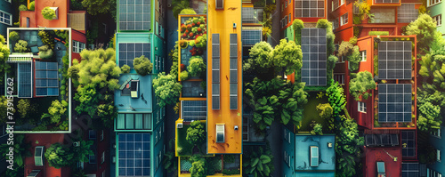 An aerial view of a sustainable urban block with lush greenery and solar panels adorning the rooftops. photo