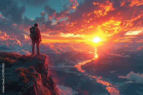 Traveler stands on the edge of a cliff against a sunset. © P