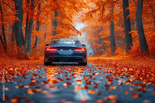 car on a road in an autumn forest with golden leaves.