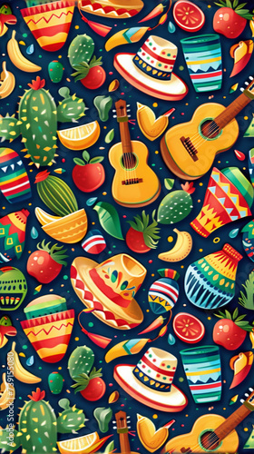 Happy Cinco de Mayo. Colorful holiday banner with Mexican sombrero  flowers and cacti. Vertical banner  tiktok or instastory background