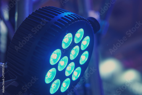 LED spotlights on stage in a concert hall, close-up photo