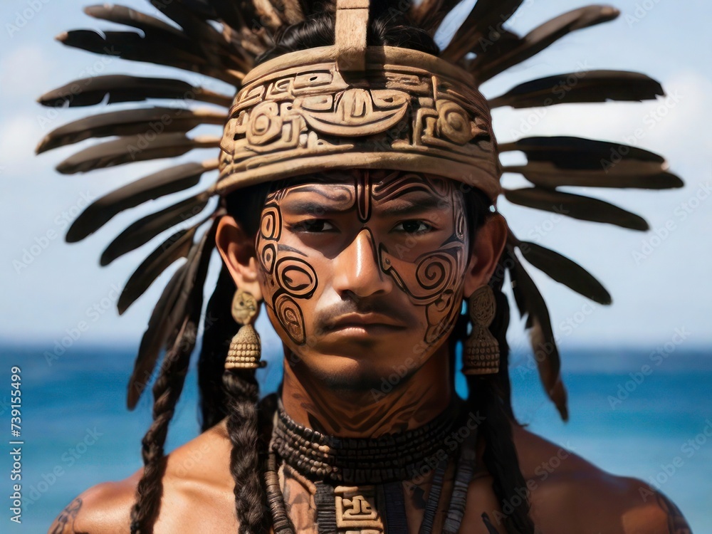 Create an Image of a Taino Indigenous man with Wavy Hair, and a Mestizo Mexican in the Form of an Aztec Warrior Embracing on the Seashore